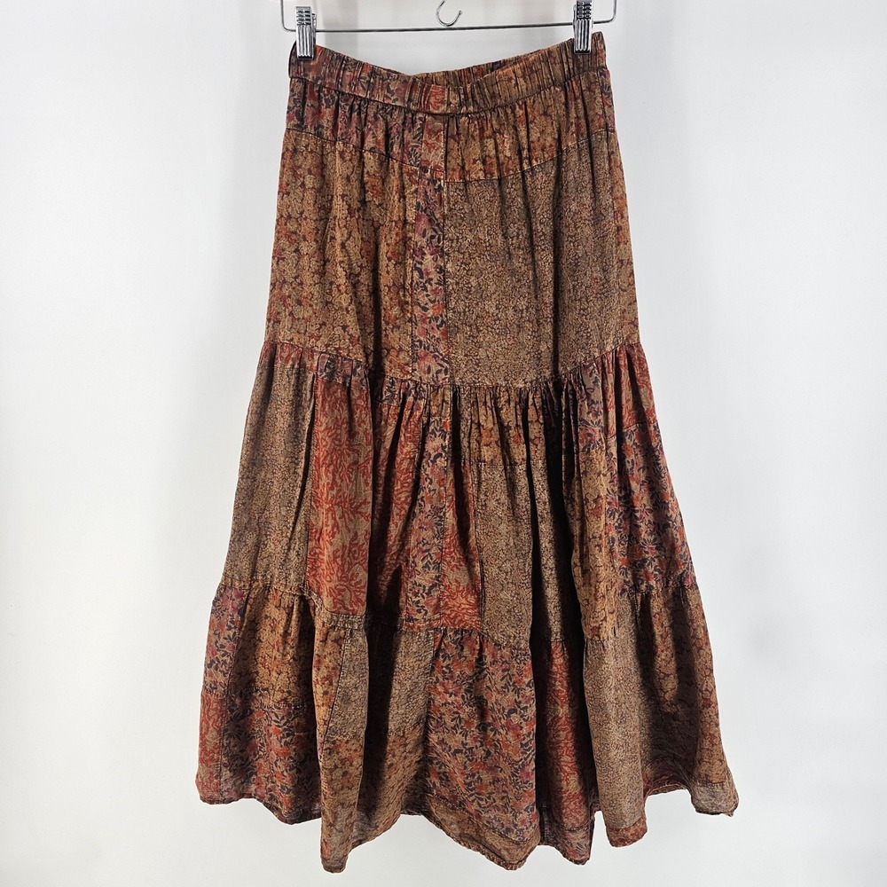 Brown Floral Tiered Maxi Skirt S Patchwork Boho Broomstick Granola India Cotton